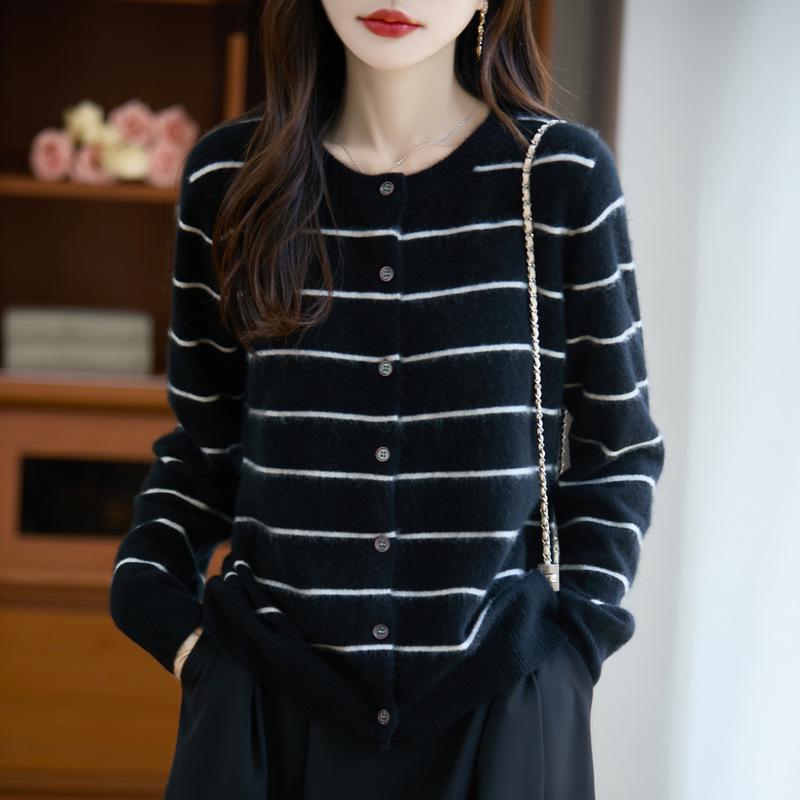 2025 Autumn/Winter Women's Pure Wool Striped Knit Cardigan: Round Neck, Loose Fit, Cashmere Long Sleeve Versatile Outerwear.