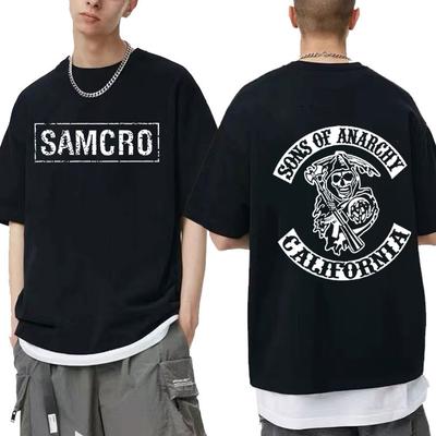 Sons of Anarchy SAMCRO חולצת חולצה עם הדפס דו צדדי גברים נשים אופנה היפ הופ רוק חולצות קיץ שרוולים קצרים חולצות כותנה חולצות