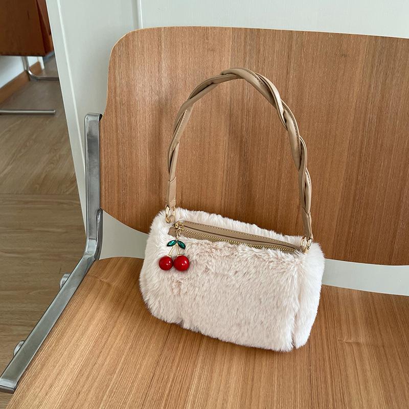 New Niche Design Cherry Fur Bag Fluffy Chain Bag Knitted Handheld Crossbody Bag for Women