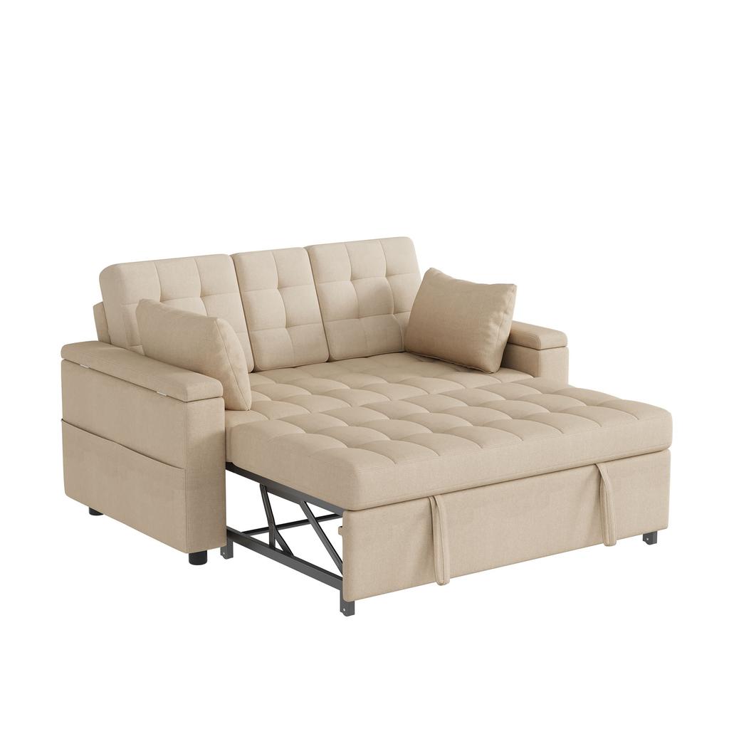 2-Seater Sofa Bed with Storage and Adjustable Backrest, with Armrest Compartments, Versatile Folding for Living Room, Bedroom or Apartment, Beige