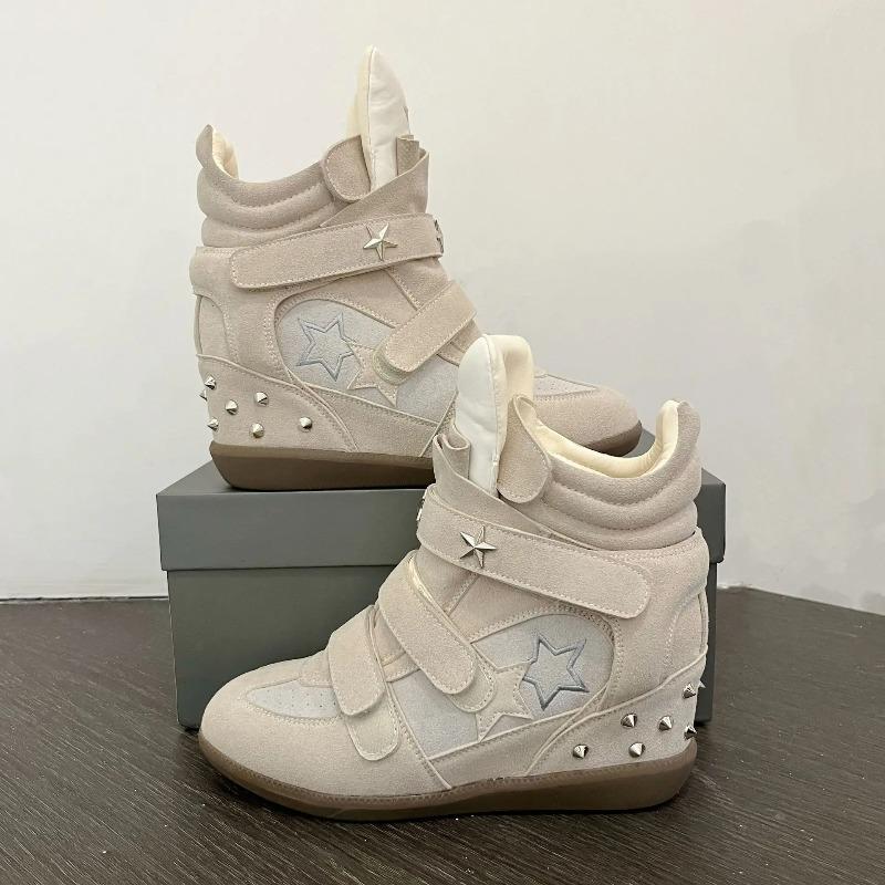 Retro Soft High Top Casual Shoes Women's Star Rivet Thick Bottom Heightening Board Shoes Spring