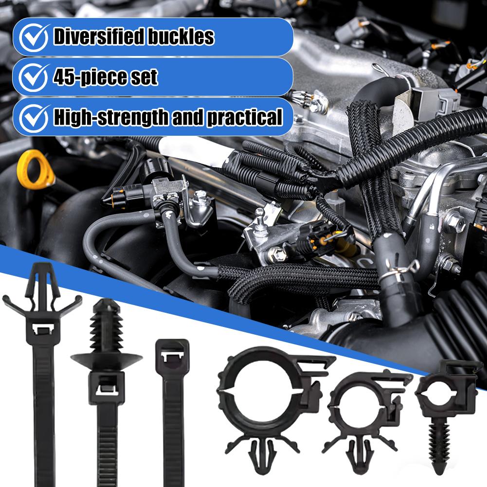 45pcs Automotive Fastener And Cable Tie Set Push Mount Cable Zip Tie With Car Wire Routing Clips Self Locking Fastening Cables