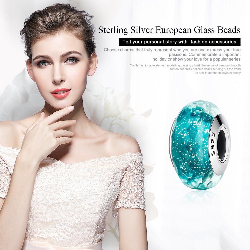 BAMOER Hot Sale Beautiful Teal Shimmer European Murano Glass Beads Charms for DIY Bracelets