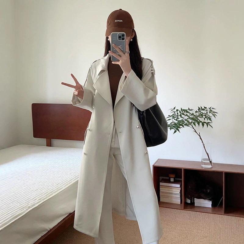 White medium and long trench coat women's season waist drape coat feeling