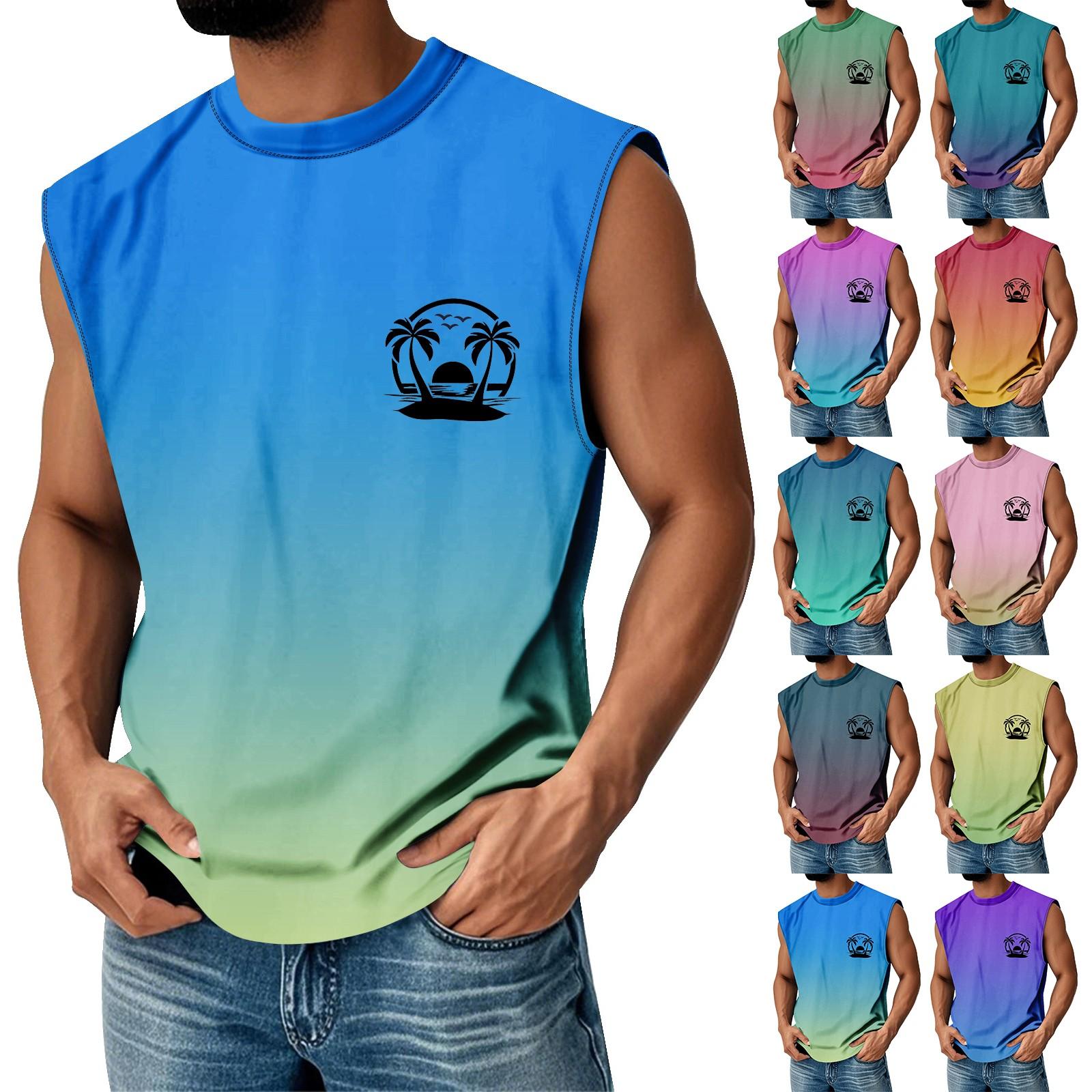 

Мужская летняя майка без рукавов с принтом, круглым вырезом и градиентом, спортивная, в стиле кэжуал L циан