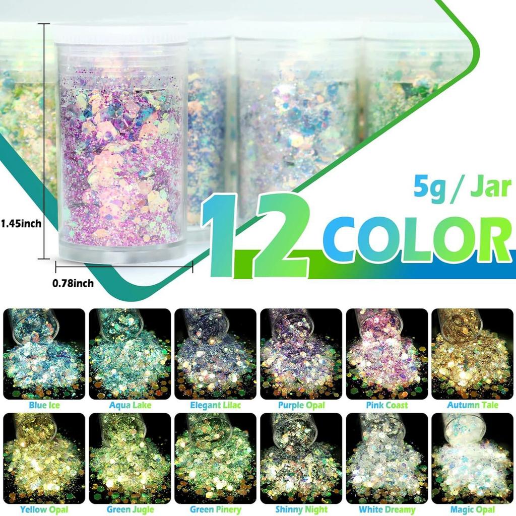 12 Colors Holographic Chunky Glitter Assorted 3mm Star Shapes Fine Glitter Powder for Body Nail Art Craft Mixed Colors
