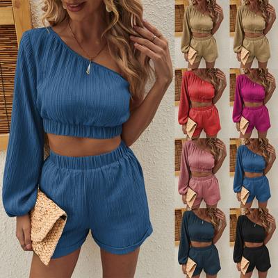 Women's Fashion Solid Color Slant Collar Single Shoulder Long Sleeve Short Top And Shorts Set