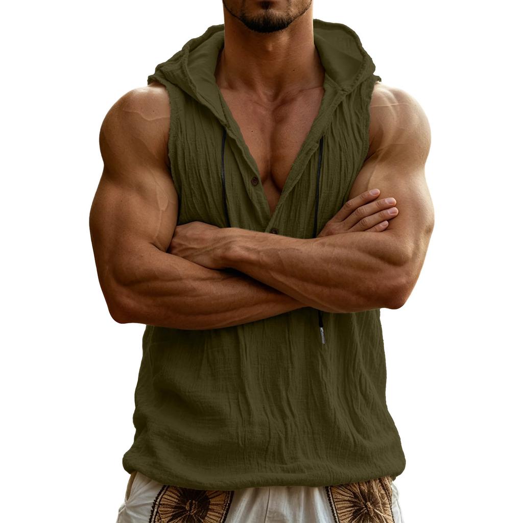 Men's Linen Sleeveless Hooded Button Vest - Lightweight Loose Fit Beach Hawaiian Summer Top for Casual Wear