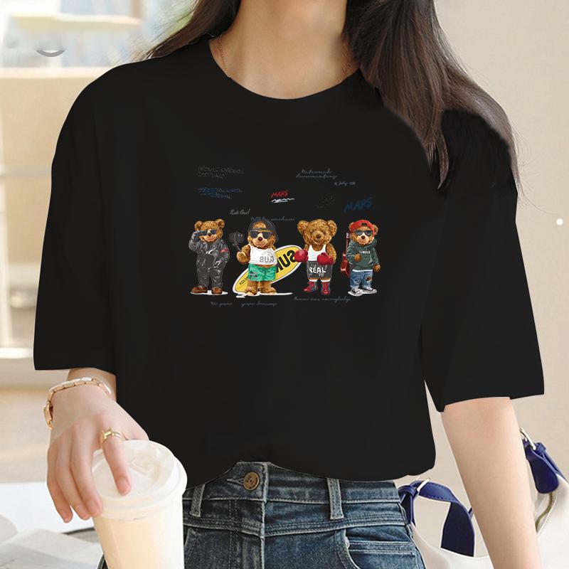 Baumwolle 2024 Sommer Niedlicher Bär Kurzarm T-Shirt Damen Street Vintage Süß Halber Ärmel Studentenoberteil im y2k Oberteil T-Shirt