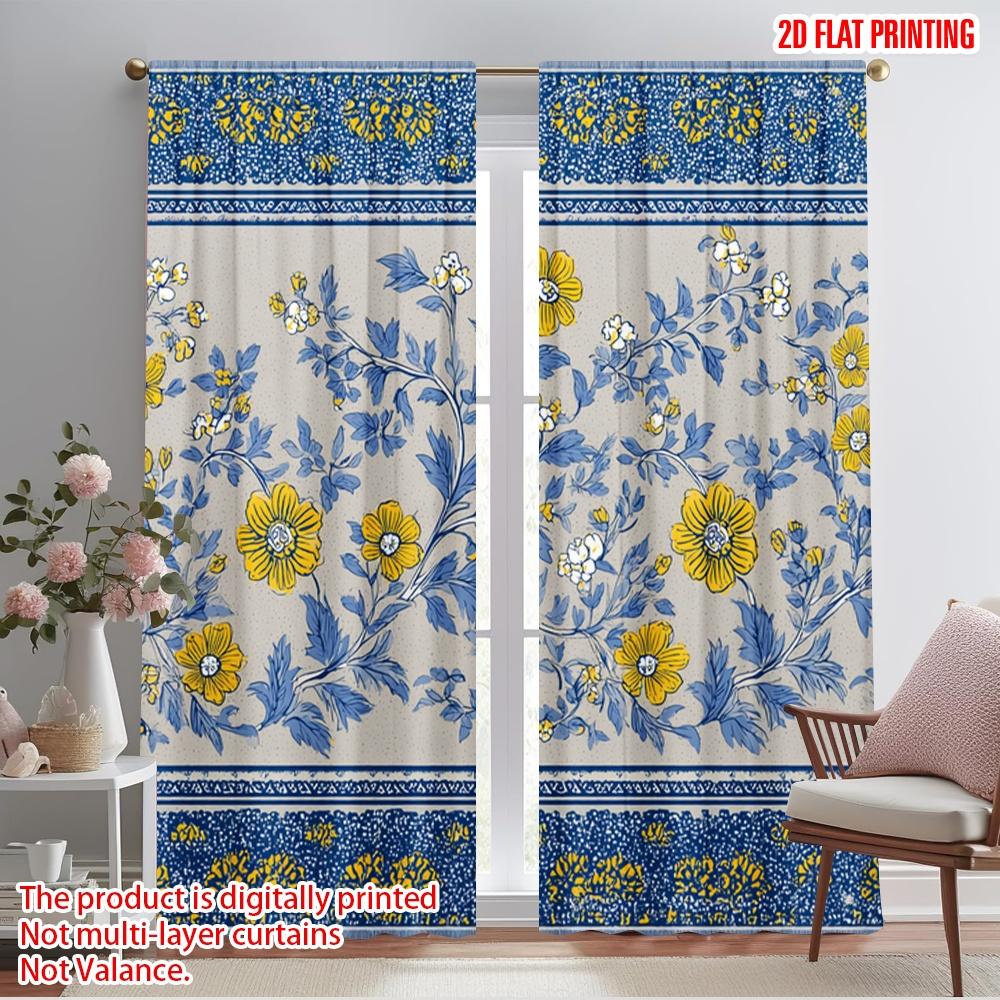 

2pcs,2D plane printing Light Filtering Curtains Blue Yellow Floral Stripes Versatile Durable Polyester (without rod) Art Deco 52.50×116.00 CM 2pcs
