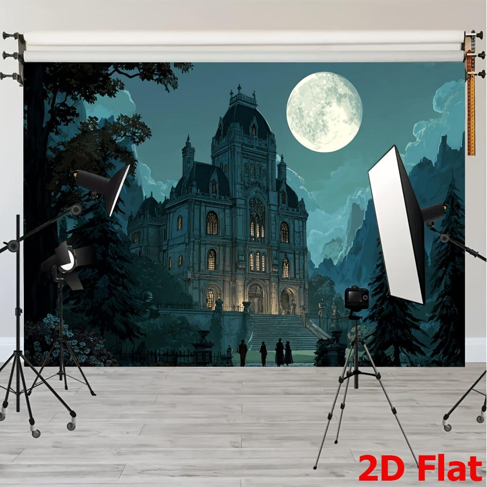 Gothic mansion night scene backdrop fabric, Halloween decorations, mysterious scenery, detailed artworks