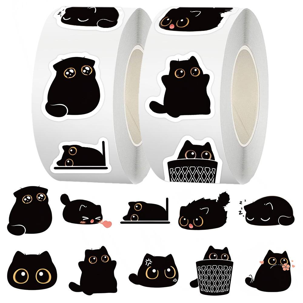 500pcs/Roll Cute Black Cat Cartoon Stickers Kawaii Animal Graffiti Decals DIY Guitar Luggage Scrapbook Sealing Label Sticker Toy
