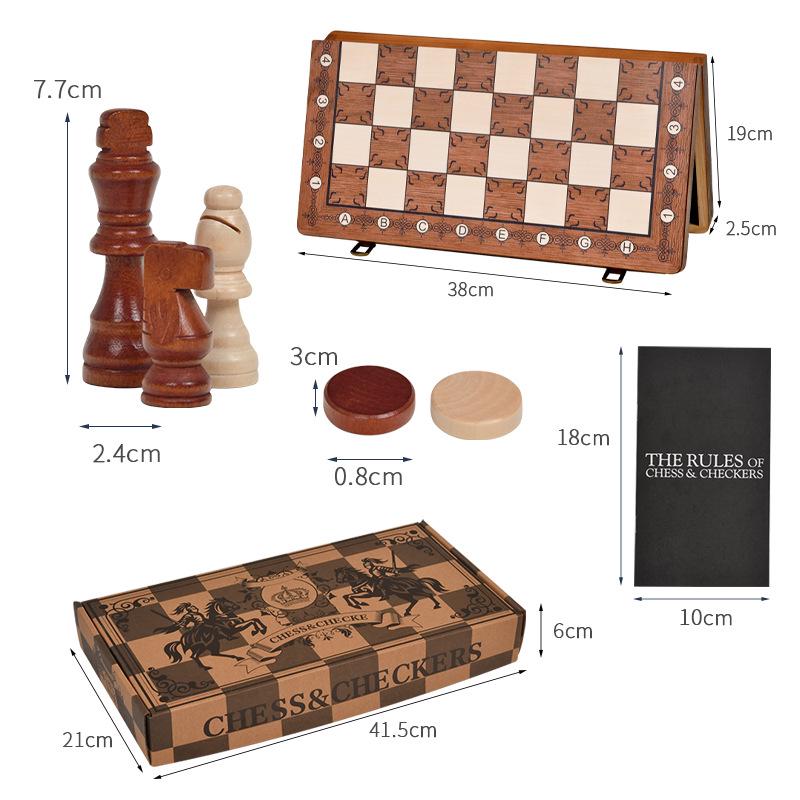 2-in-1 Wooden Folding Magnetic Chess & Checkers Board Game - Portable Tabletop Puzzle Toy