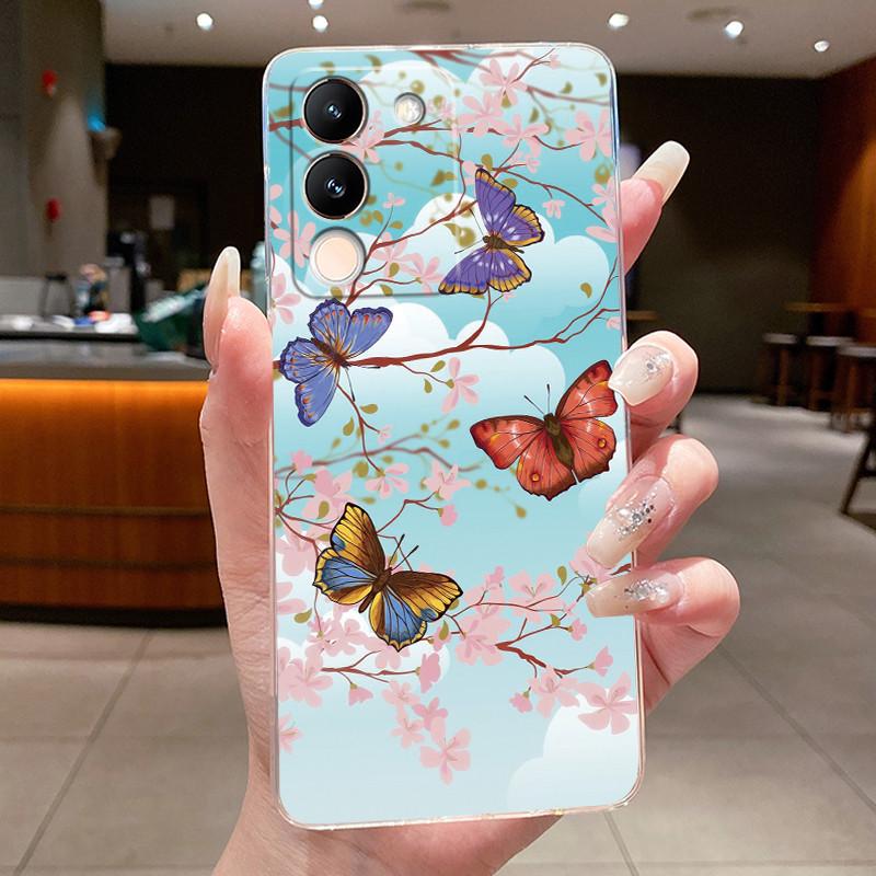 Phone Case For Vivo V29e V27e 5G Slim Soft TPU Cover Clear Silicone Aesthetic Luxury Fashion Butterfly Flowers New Design Case