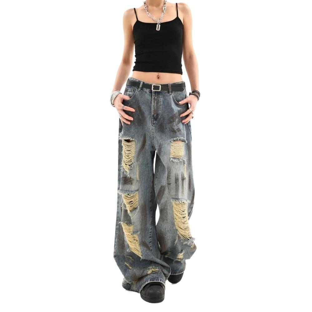 Women's Tie-Dye Cyberpunk Distressed Jeans - Vintage Washed Loose Straight Wide-Leg Pants for Summer Retro Dropped Drape Trousers