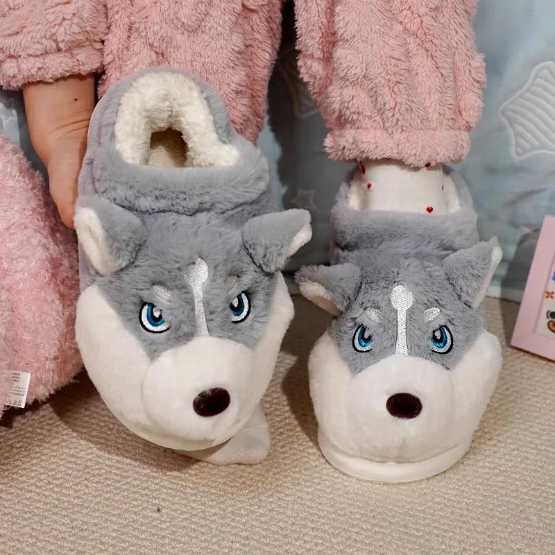 Fashion Women Indoor Cotton Slippers Cute Cartoon Dog Winter Warm Shoes Couples Home Floor Slides Anti-slip  Female Male House Footwear