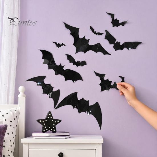 Halloween Party Wall Decor 12Pcs Bats Decals, 3D Bat Stickers for Home Decor, Hanging Decorations 4 Size Waterproof Black Spooky Bedroom Living