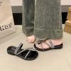 Flat bottom set of toes Internet celebrity French rhinestone slippers 2025 new with skirt women's beach sandals women's summer wear