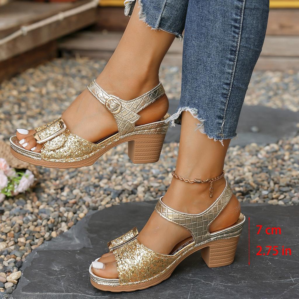 Plus Size Shoes for Women 36-43 Summer Fashion Sequin High Heel Platform Sandals Casual Peep Toe Buckle Strap Sandalias De Mujer