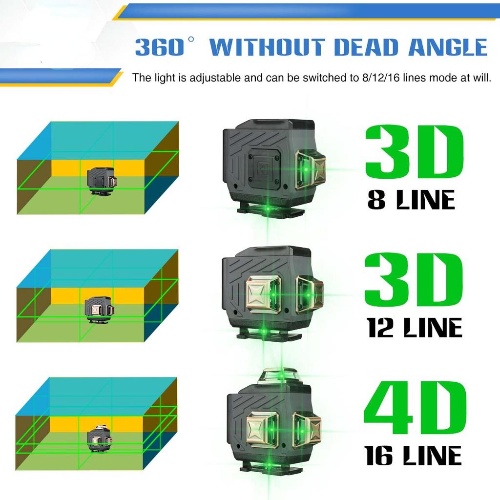8/12/16 Linien-4D-Laser-Wasserwaage, verstellbar, grünes Licht, selbstnivellierend, 360° drehbar, horizontal, vertikal, kreuzweise, automatische Messung