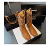 New Women Coffee Brown Embroidery Boots PU Leather Printed Western Cowboy Boots Deep V-mouth High Tube Casual Boots Classic