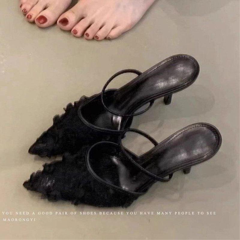 Gentle Evening Breeze Pointed Head with Bag Head Thin Heel Half Slippers Women's Summer Wear 2025 New Mesh Cool Slippers