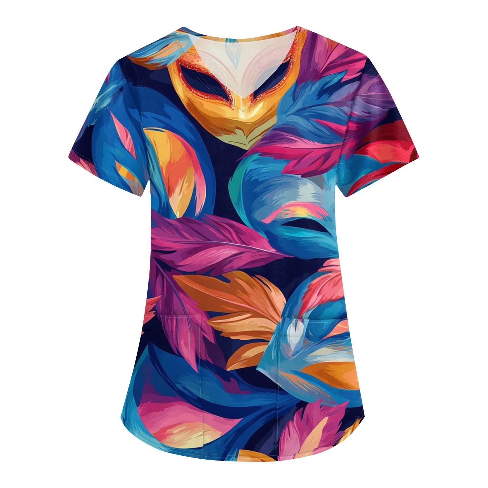 

Женская мода V-образный вырез с короткими рукавами рабочая одежда с карманами карнавальный принт верхняя одежда по уходу XL синий