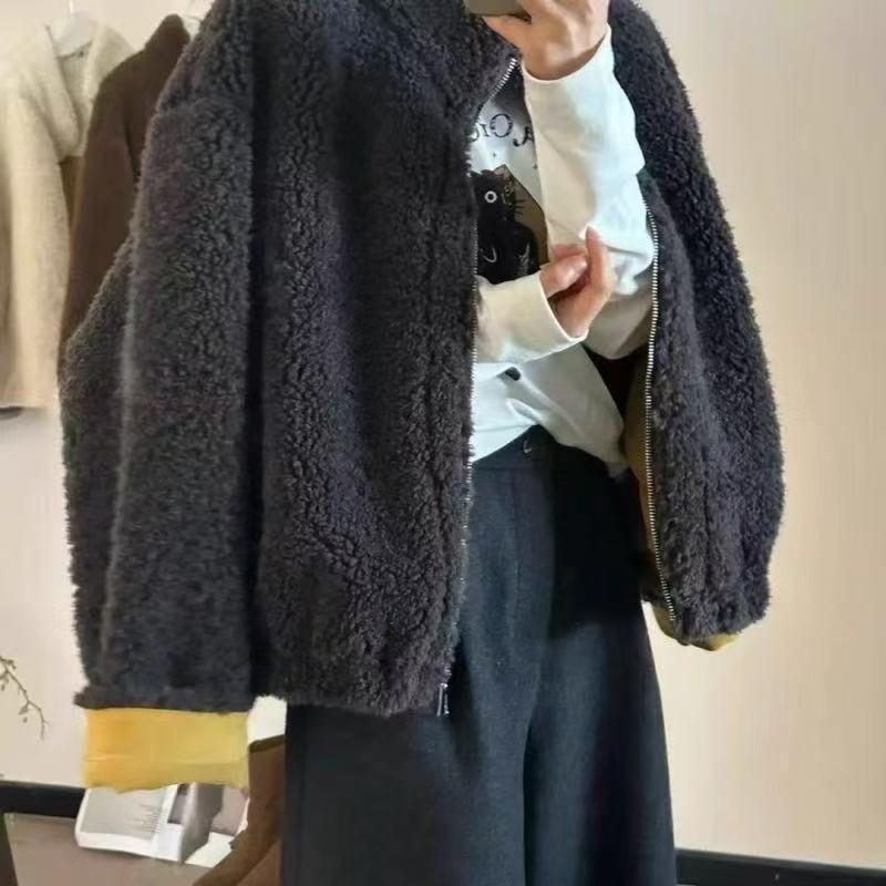 Korean Style Stand Collar Faux Lambswool Short Jacket for Women – 2025 Autumn/Winter Loose Fit, Age-Reducing Top