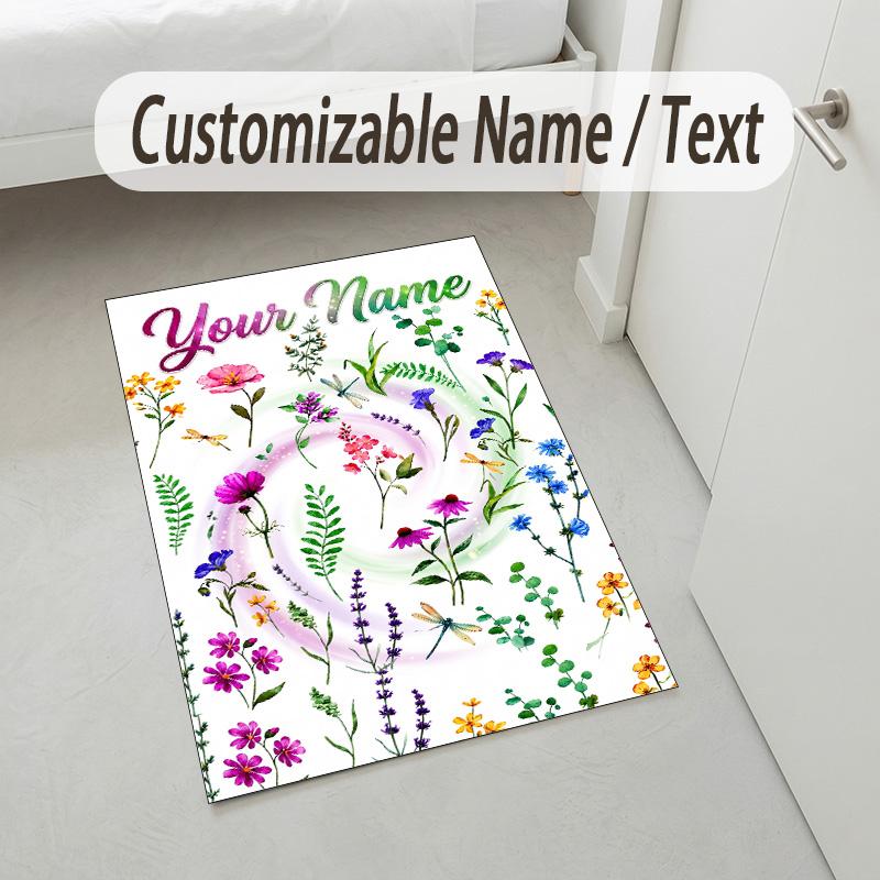 Floral Garden Theme Crystal Velvet Rug Personalized Custom Name Text Soft Floor Mat Home Decor