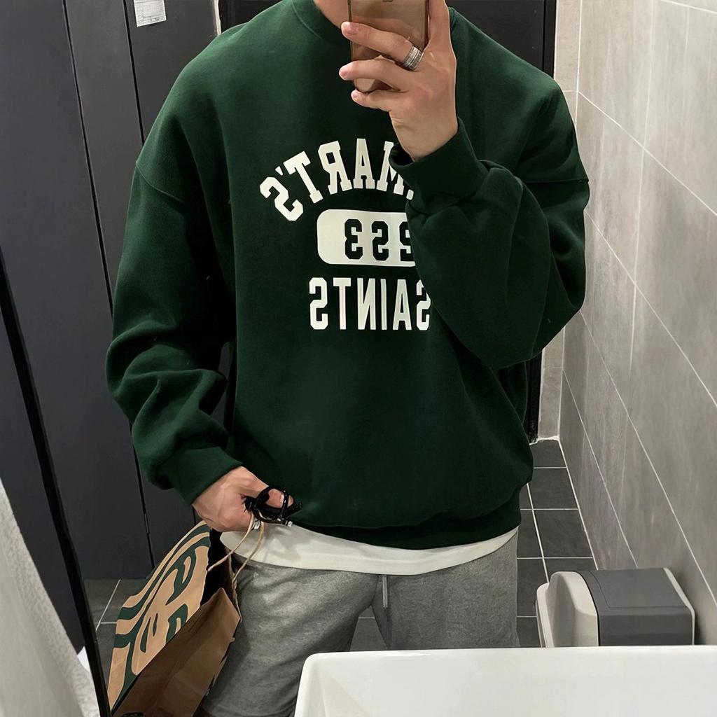 Mäns mörkgröna crewneck sweatshirt med bokstavstryck - Höst Casual lös pullover