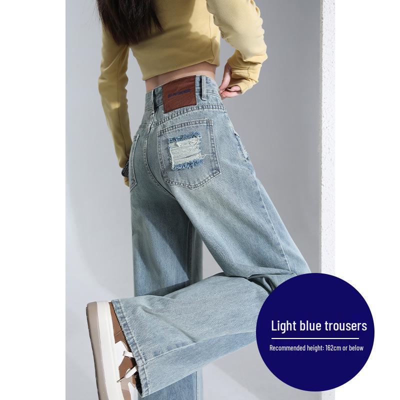 

Американские рваные зауженные джинсы с широкими штанинами для женщин - Весна/Лето 2024 с высокой талией, облегающие, прямые XL