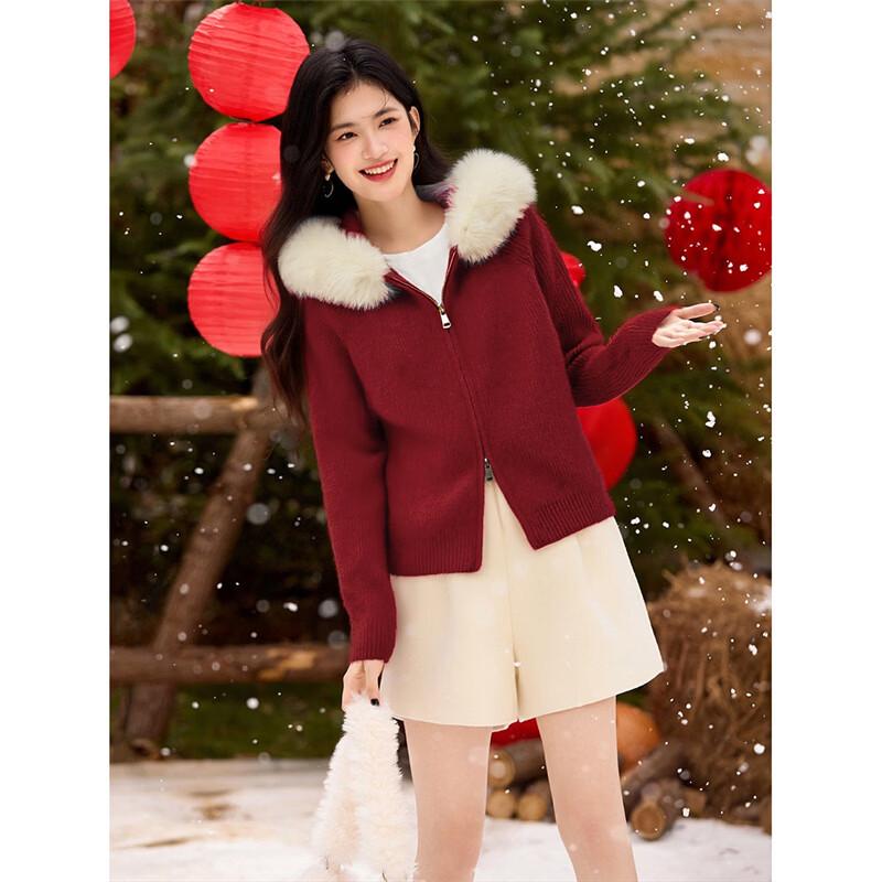 Women's Faux Fur Collar Hooded Zipper Knitted Cardigan