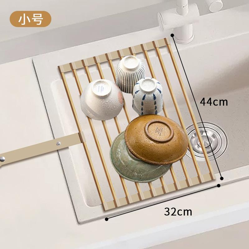 

Stainless Steel Foldable Kitchen Sink Drainer Retractable Roll-Up Rack for Dishes Bowls Plates Draining Basket S бежевый