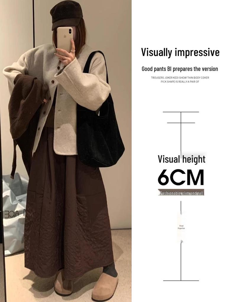 Women's Autumn/Winter 2025 Coffee Quilted Wide-Leg High-Waisted Culottes Skirt - Plus Velvet, Slimming, Thickened, Three-Quarter Length.