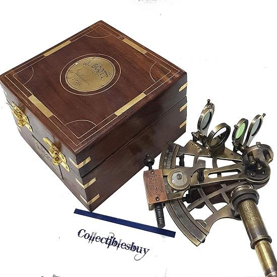 Antique J.Scott Navy Brass Sextant Handmade Wooden Box Vintage Nautical Ship Sextants, 5 Inch, Bronze