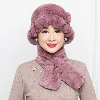 Rex Rabbit Hair Hat Children's New Mother Hat Winter Warm Korean Version Grandma Hat Scarf Middle and Old Age Hat Scarf