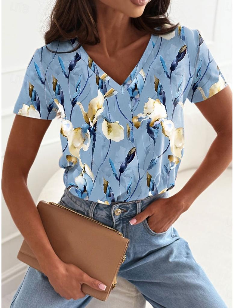Women's fashionable printed T-shirt with floral pattern, casual short-sleeved V-neck, regular top, everyday printed T-shirt, casual blouse