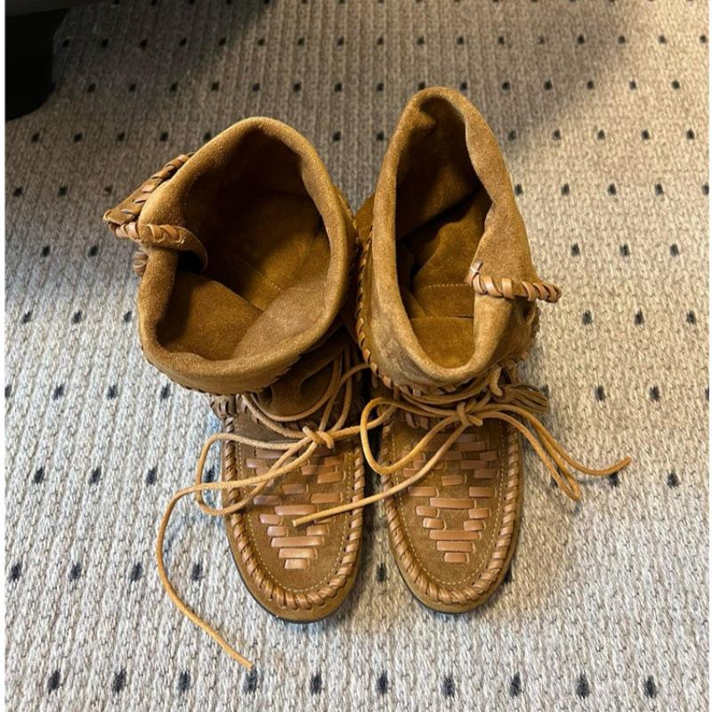 

2025 осень новые ботинки с бахромой на ремешках женские ретро плетеные на плоской подошве удобные ботинки средней высоты модные западные ботинки на наборном каблуке 35