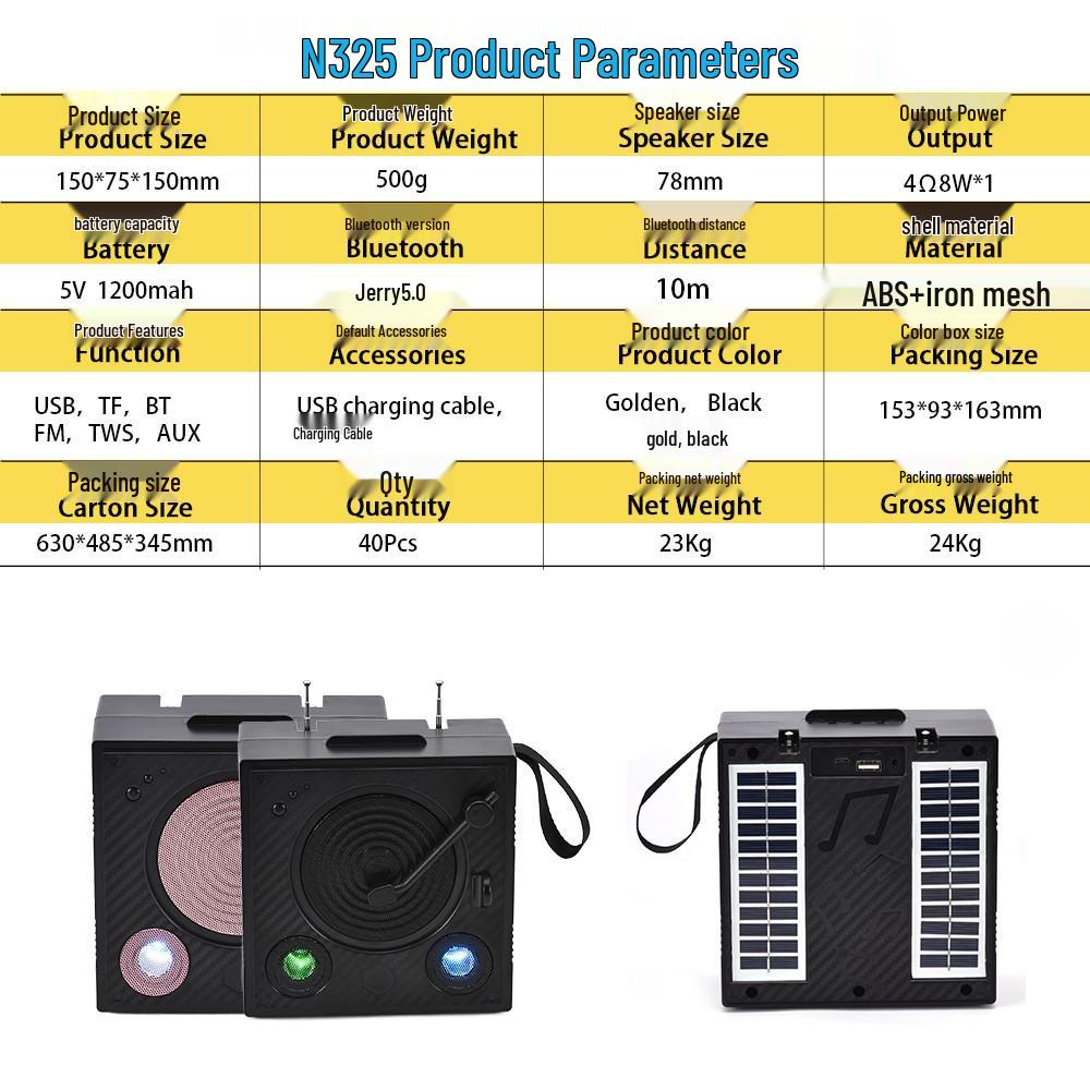 Bluetooth Speaker with Dual-Microphone Antenna, Solar Power, USB Flash Drive, Card Slot, and TWS Connectivity.