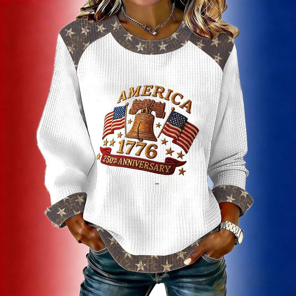 Women's long-sleeved fashionable casual everyday Independence Day printed top