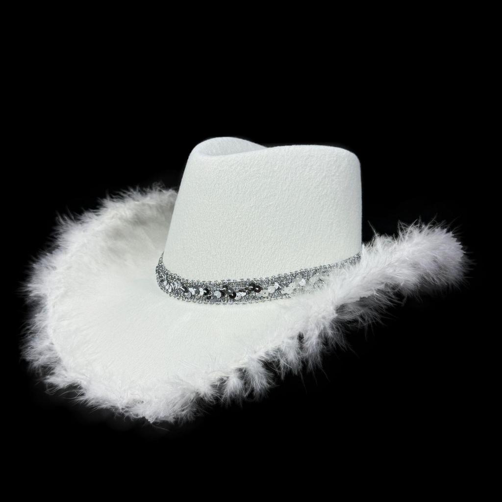Pink Upturned Brim Denim Hat with Frayed Edges & Silver Feather Band
