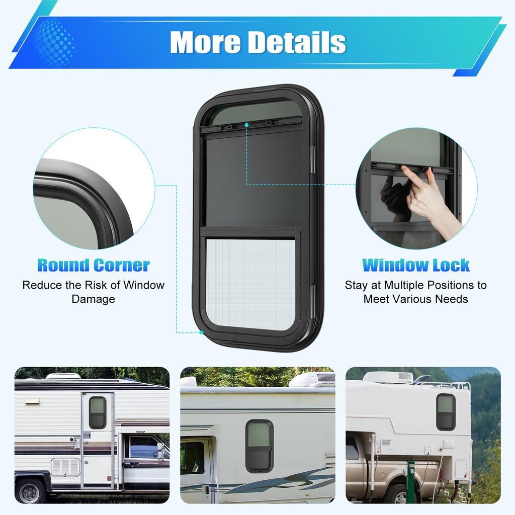 Vertical Sliding Black RV Window 12x22 inch Aluminum Frame with Insect Screen for Camper Trailer