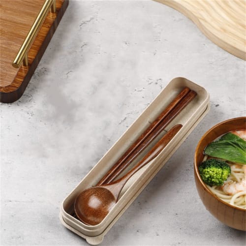 3-Piece Cutlery Set (Chopsticks, Spoon, and Chopstick Holder) Made of Natural Wood with Storage Case for Kids and Adults, Perfect for Lunchboxes, Comm