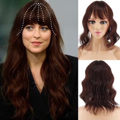 Women Natural Short Water Wave Hair Extensions Wig with Bangs Synthetic Fiber Hairpiece Suitable for Party Daily Use