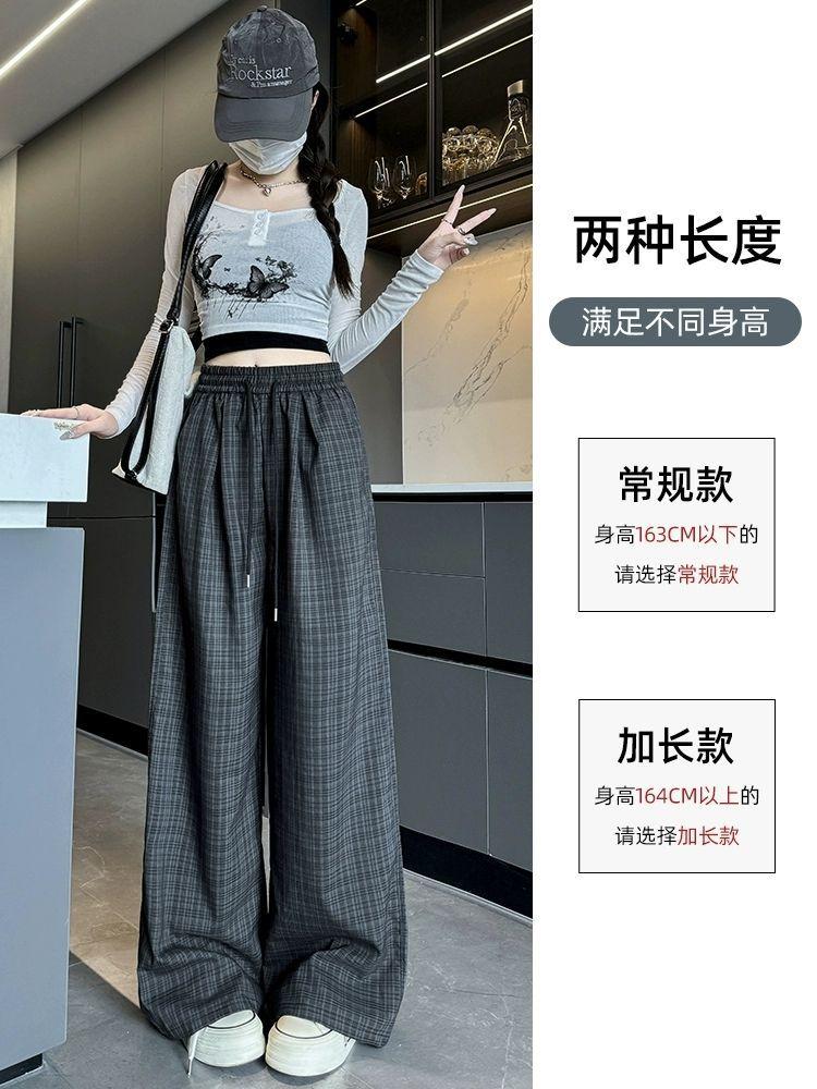 Retro plaid pants women's summer high waist casual loose high waist lazy straight plaid wide leg pants women