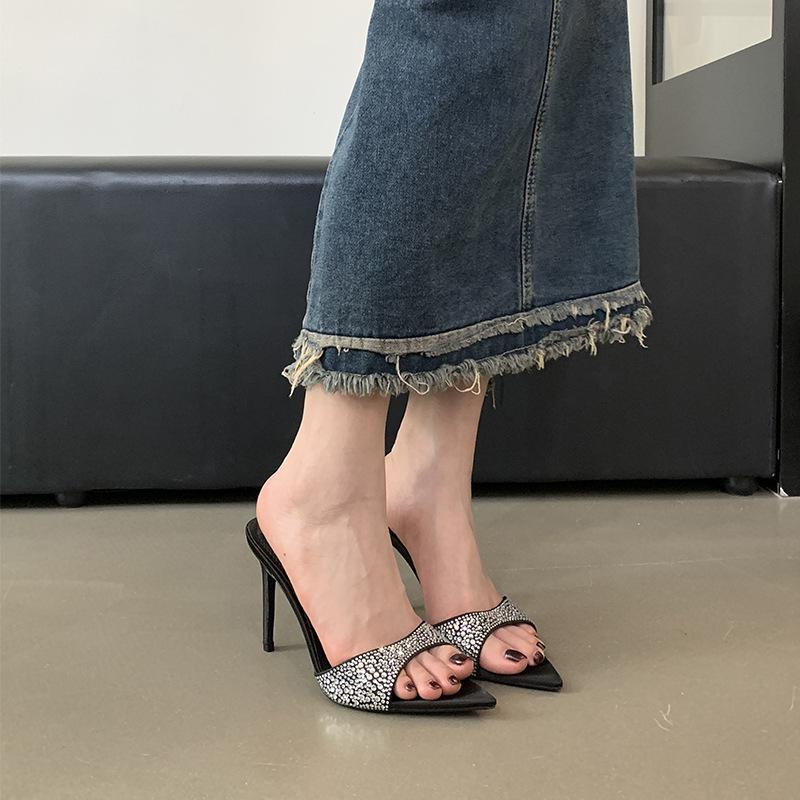 Slippers Dominant SisterStyleSummer Pointed Toe Thin Heel High Heels Women's Outdoor Wear Leopard Print Sexy RhinestoneThinHigh HeelOne-Strap Sandals