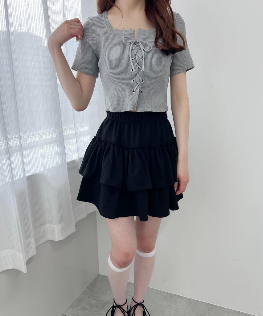 WEGO PHILLY Knit Short Short Korean Size Gray Lace-Up Top, Sleeve, Knitwear, Girly, Style, Casual, Gift, Spring/Summer/Autumn, Women's, F,