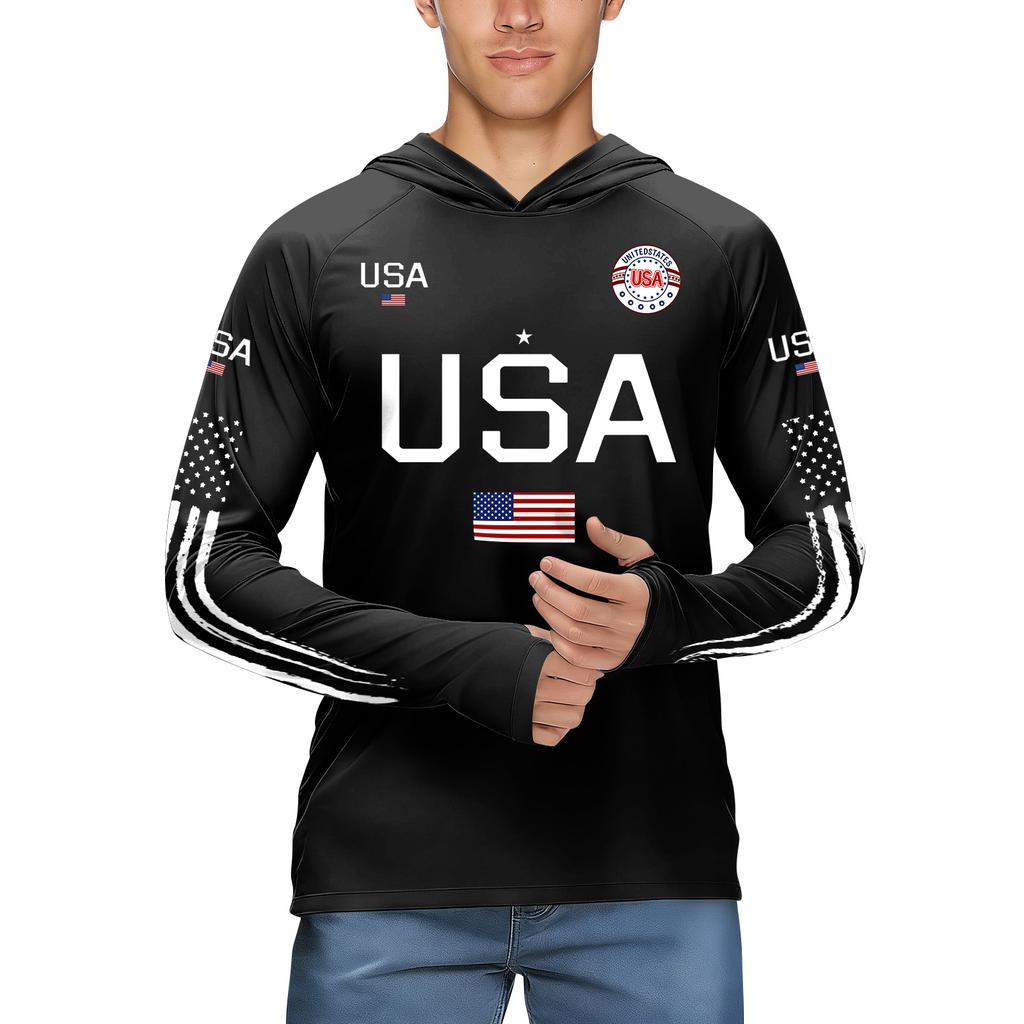 T-shirt à capuche à manches longues avec imprimé USA et détails graphiques Pull léger pour homme Vêtement de sport décontracté