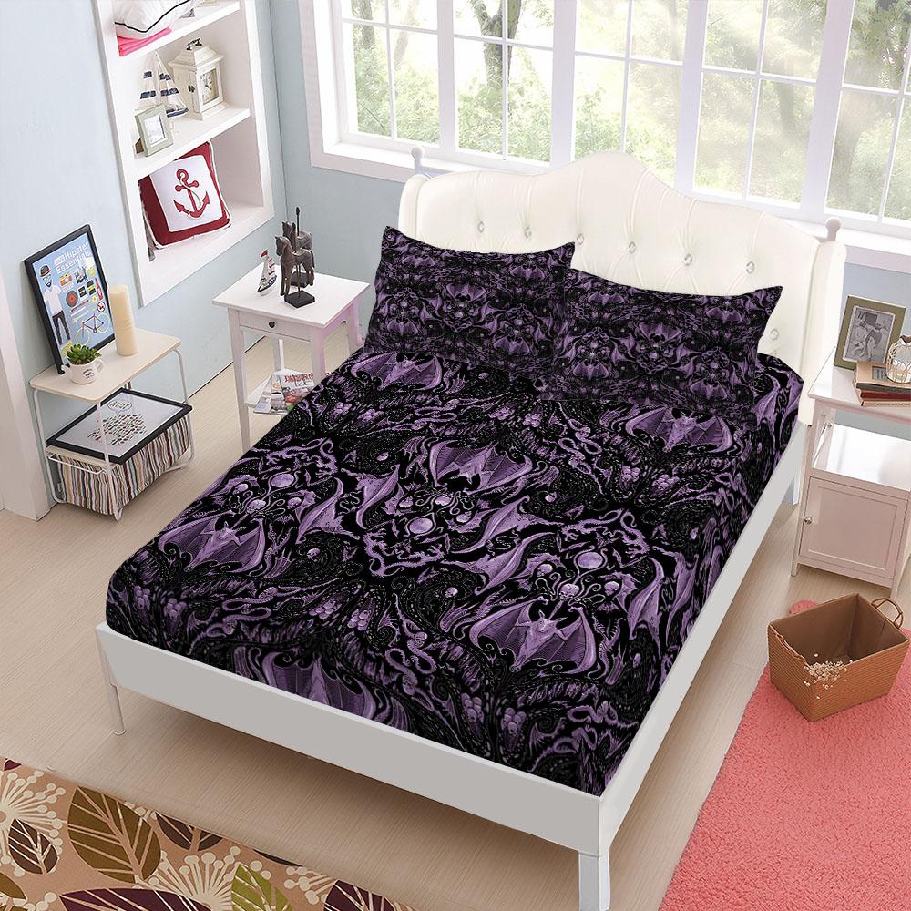 Gothic Haunted Bats Pattern Fitted Sheet Set King Queen Double Full Size Bed Linen Set
