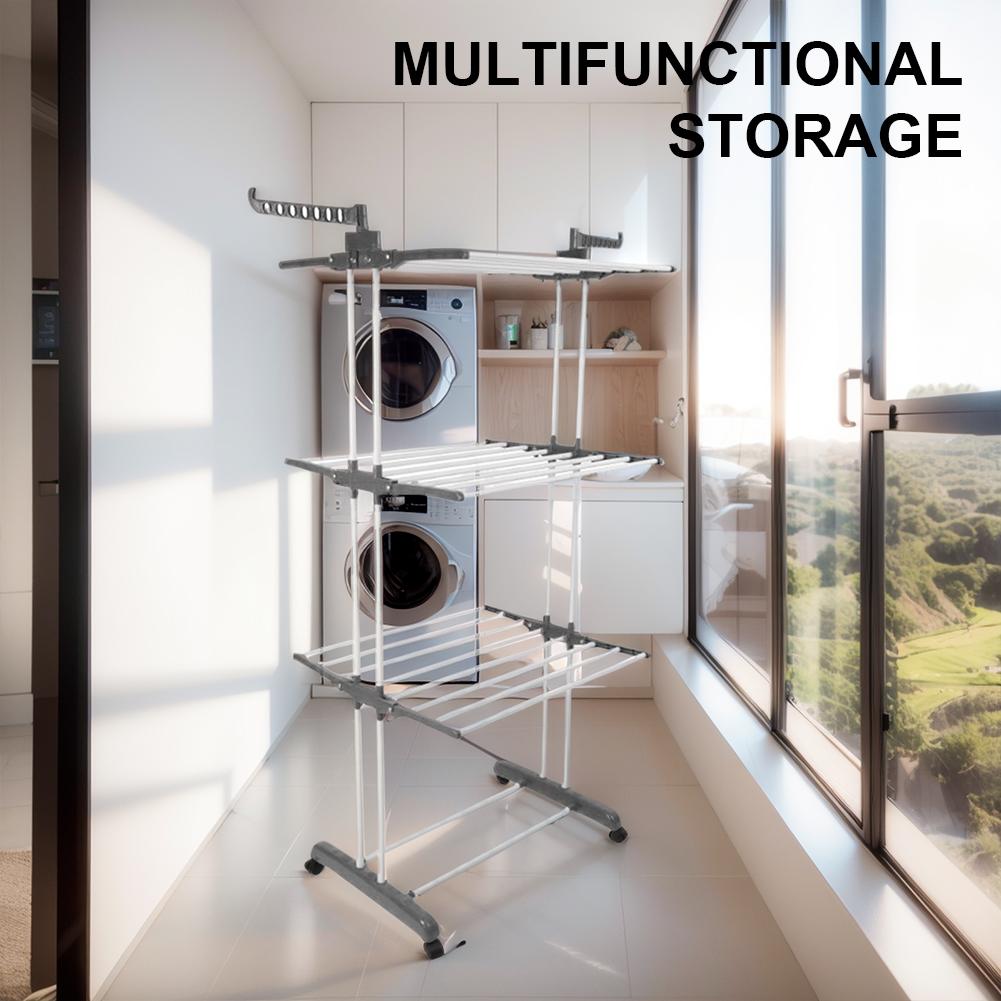 4-Tier Folding Drying Rack Clothes Rail Storage Rack with 4 Castors W/ 4 Drying Poles and Two Side Wings for Clothing Bed Linen